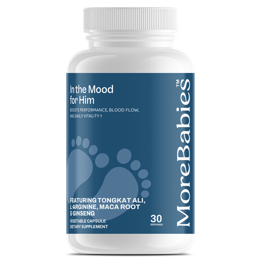 Supplement bottle labeled 'In the Mood for Him' by MoreBabies on a white background